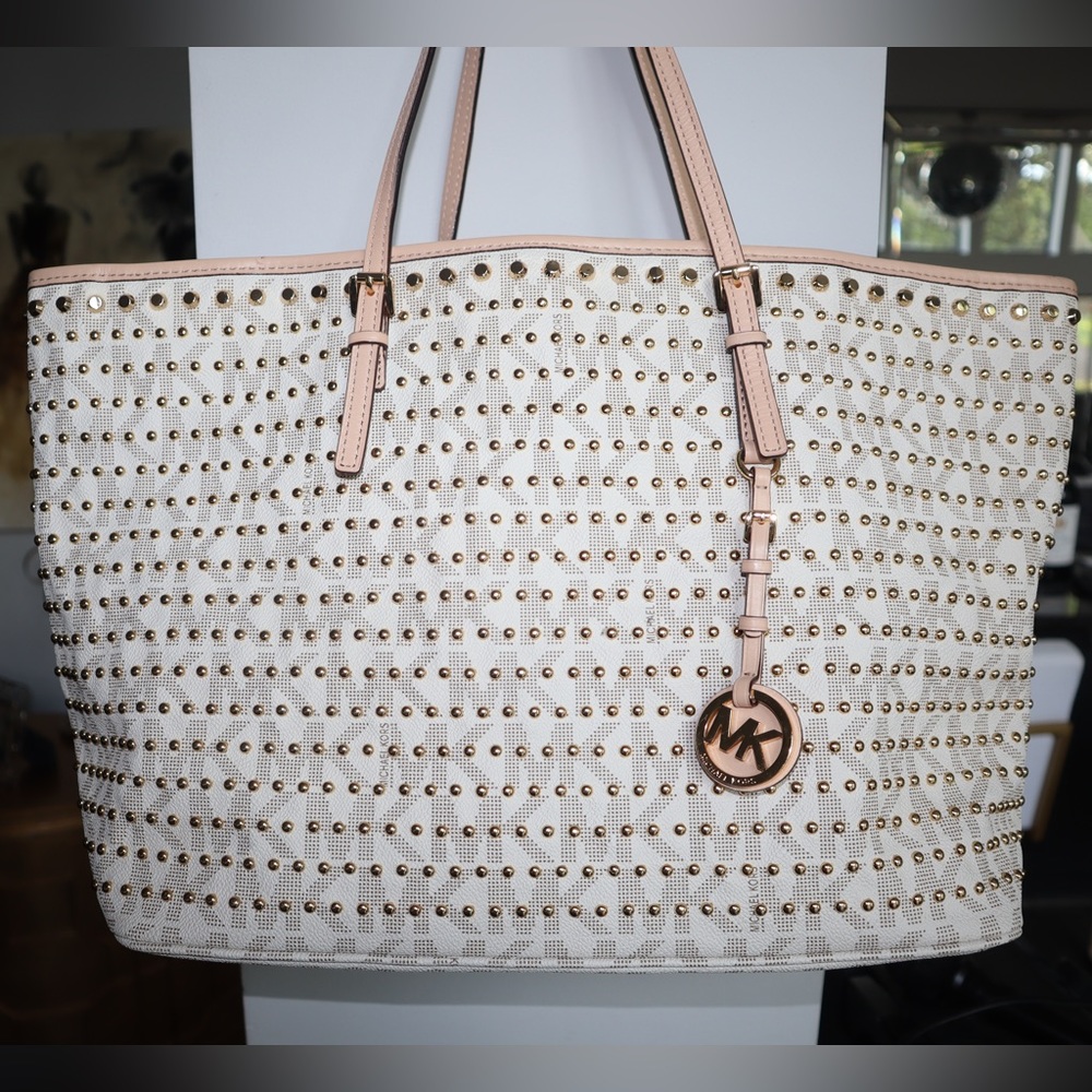 Michael Kors Signature Monogram Studded Tote — Vanilla